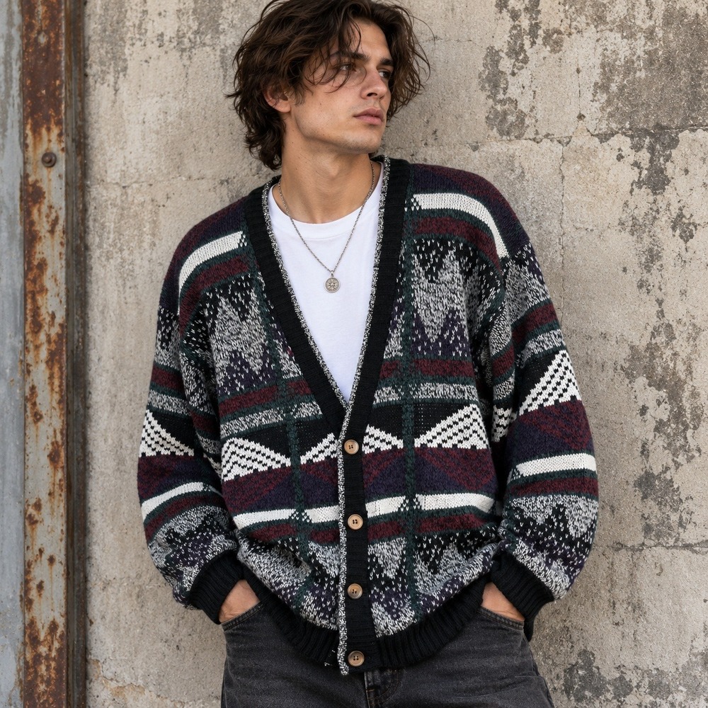 Vintage 90s Mens Retro Geometric Grandpa Cardigan Sweater Sz M Korean Knit
